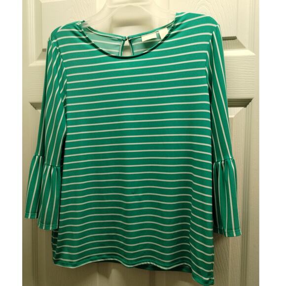 Chico's Size 1 (Medium) Green White Striped Flutter-Sleeve Keyhole-Back Top - Picture 2 of 8